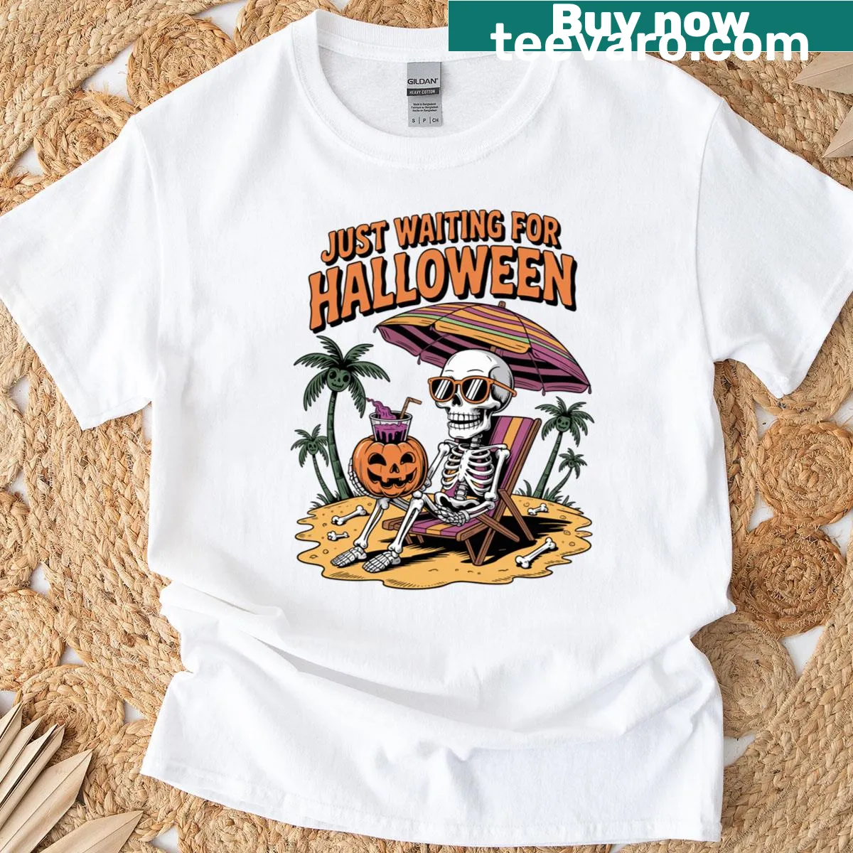 Whimsical skeleton graphic awaiting Halloween on a summer-themed t-shirt. — on a men's t-shirt