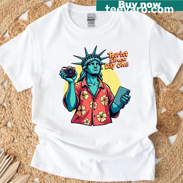 Playful graphic of Lady Liberty in Hawaiian attire on an oversized T-shirt.