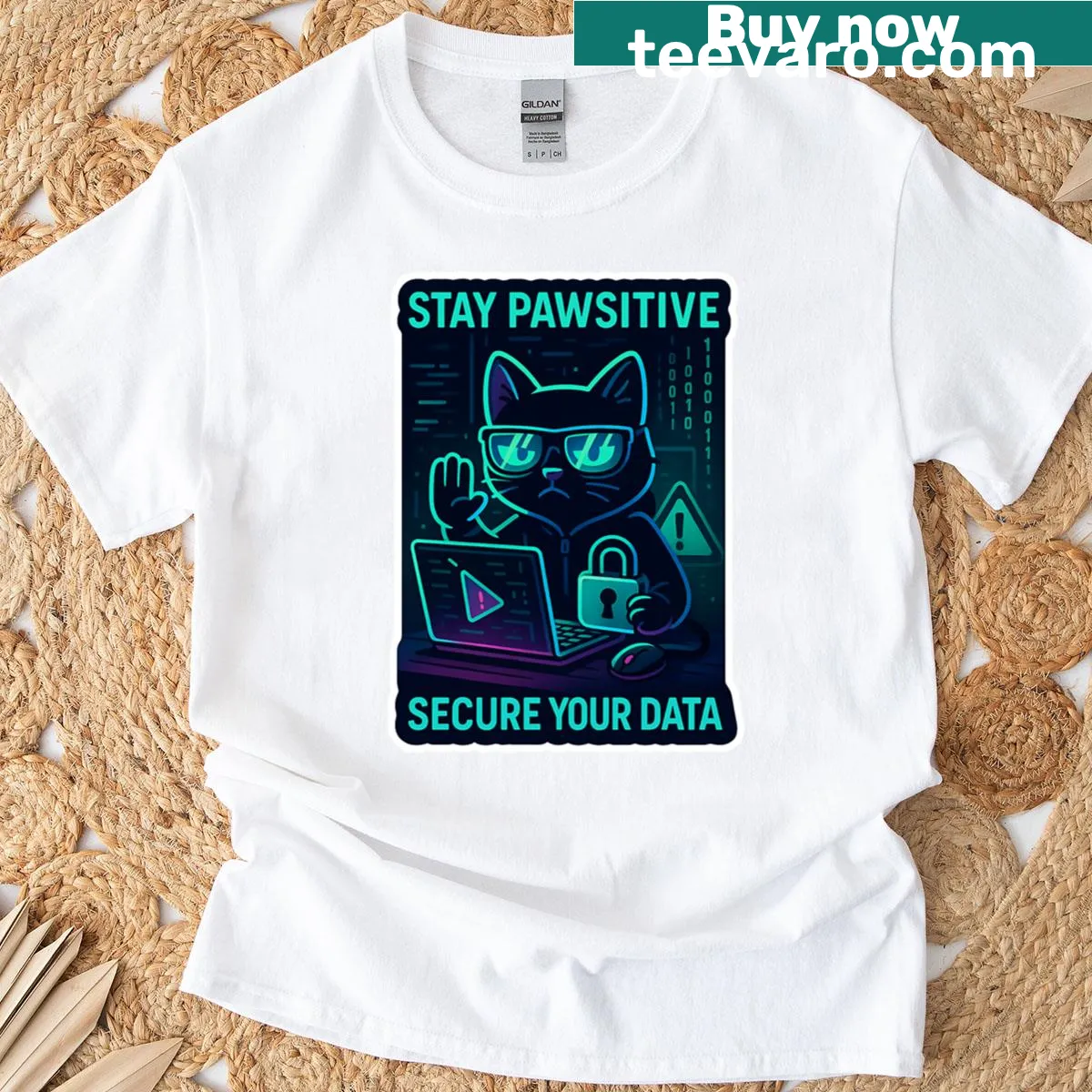 Cyber security t-shirt with the phrase 'Stay Pawsitive' in fun typography — on a men's t-shirt