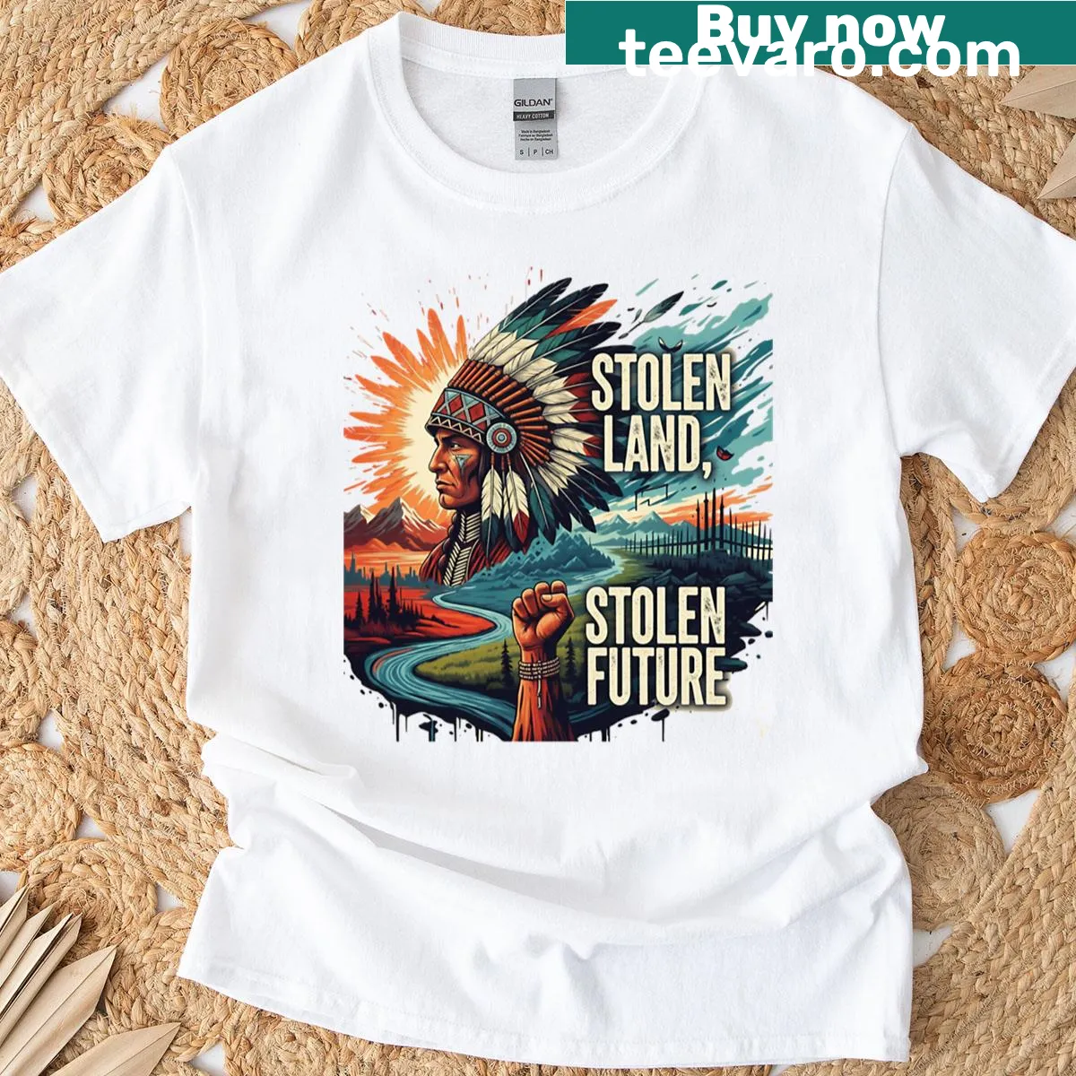 T-shirt with the phrase 'Stolen Land Stolen Future', promoting awareness — on a men's t-shirt
