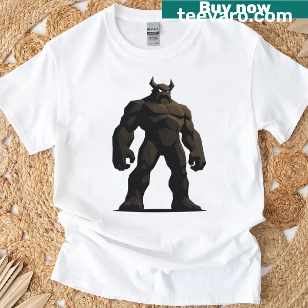 Low-poly stone titan golem graphic on a fantasy-themed t-shirt.
