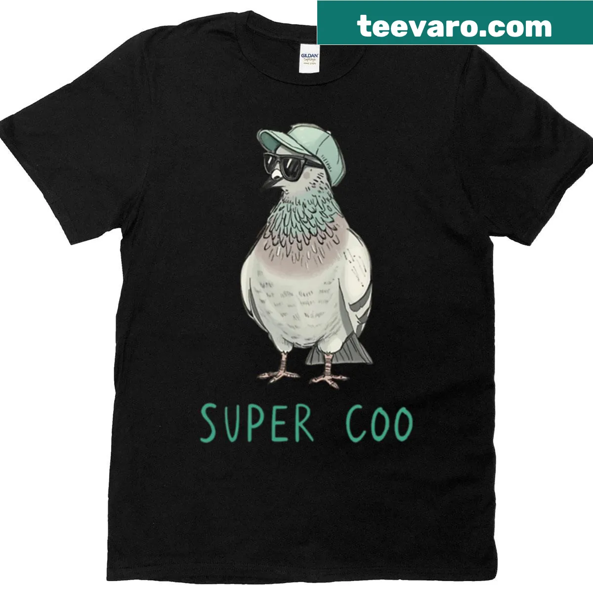 Super Coo Pigeon t-shirt featuring a pigeon in a cap and sunglasses — on a men's t-shirt