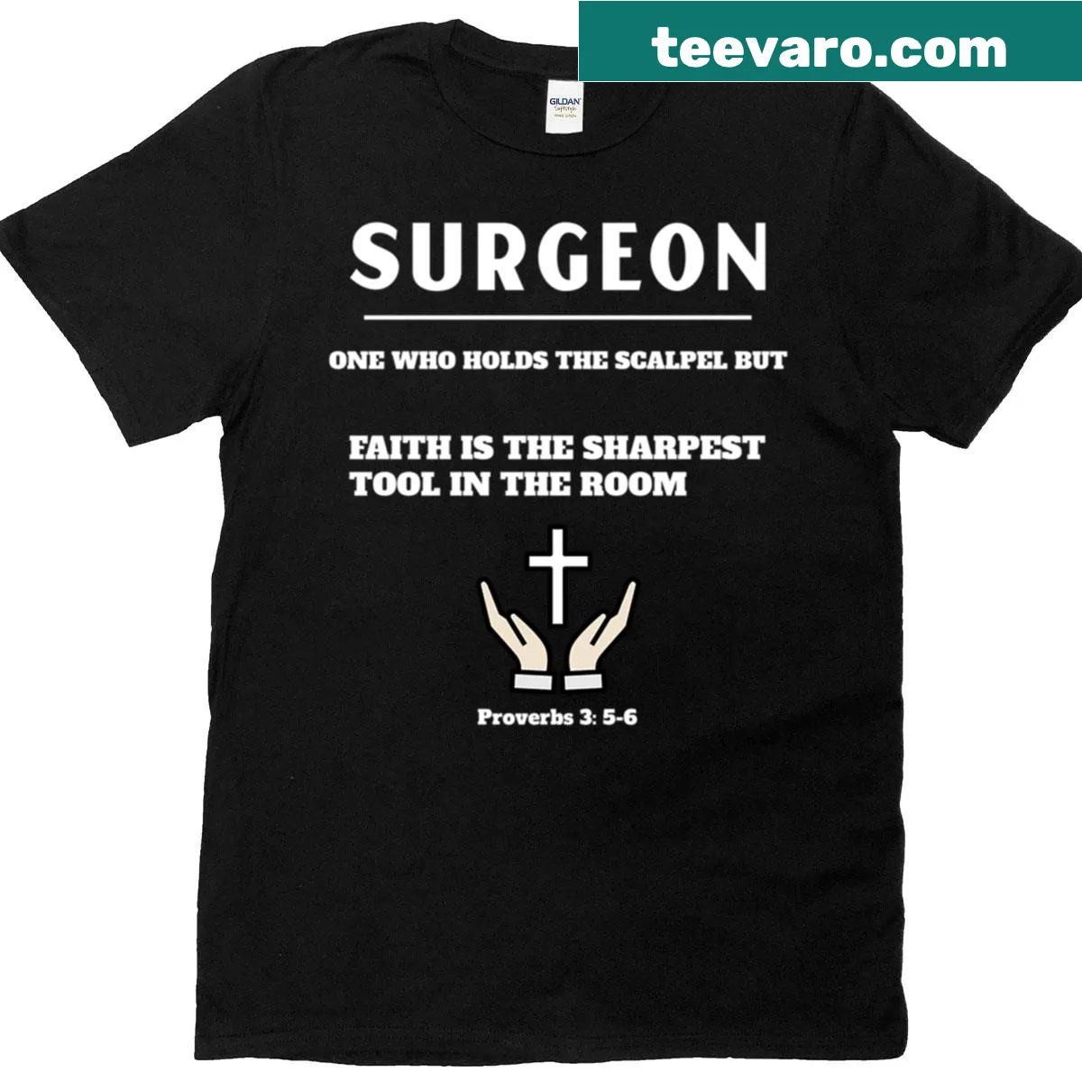 Inspirational shirt for surgeons featuring the message about faith and trust — on a men's t-shirt
