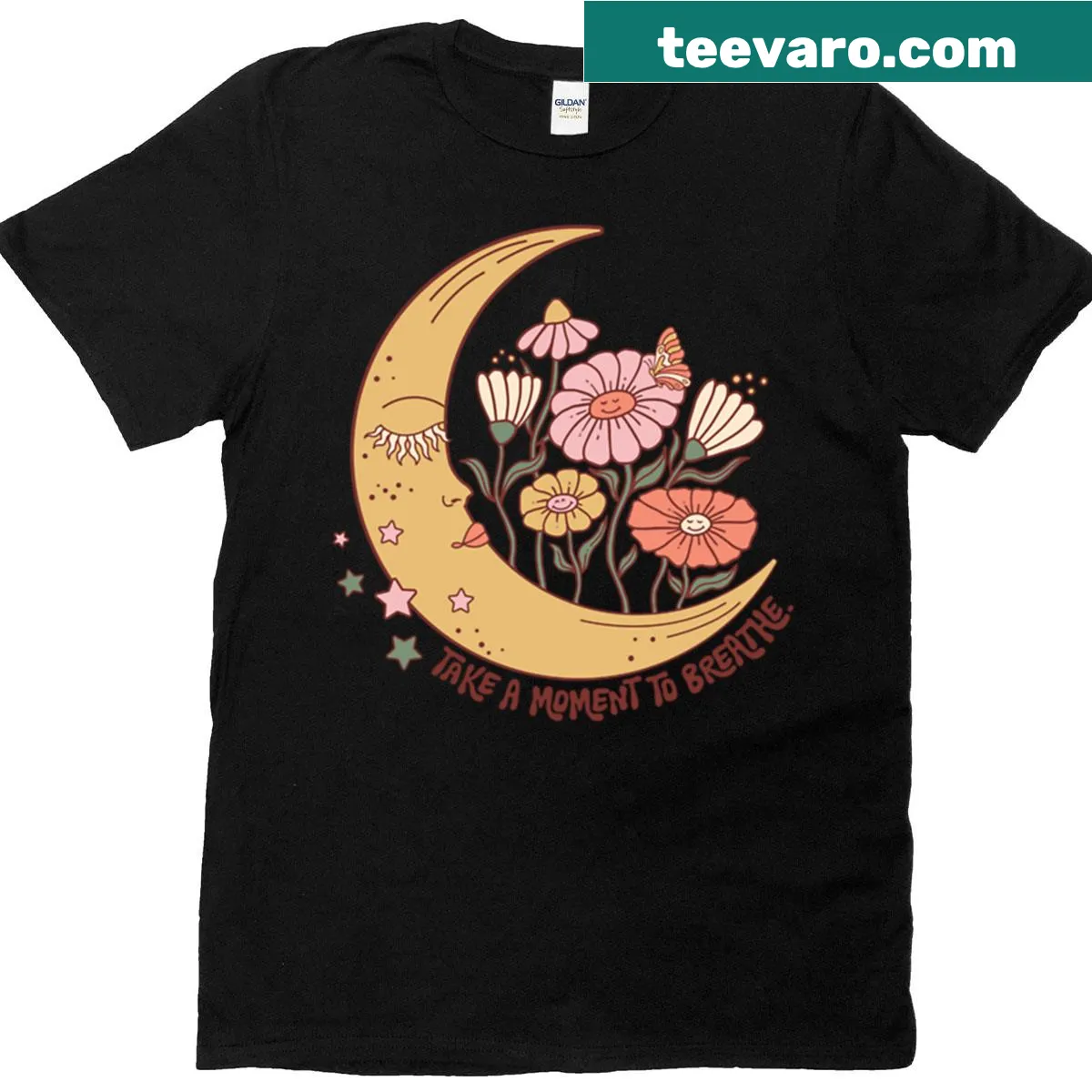 Illustrated T-shirt with a moon and the phrase 'Take A Moment To Breathe' — on a men's t-shirt