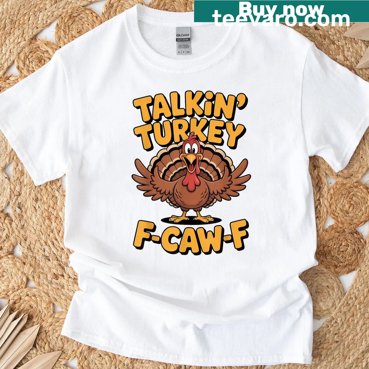 Funny Thanksgiving T-shirt with 'Talkin Turkey F Caw F' design — on a men's t-shirt