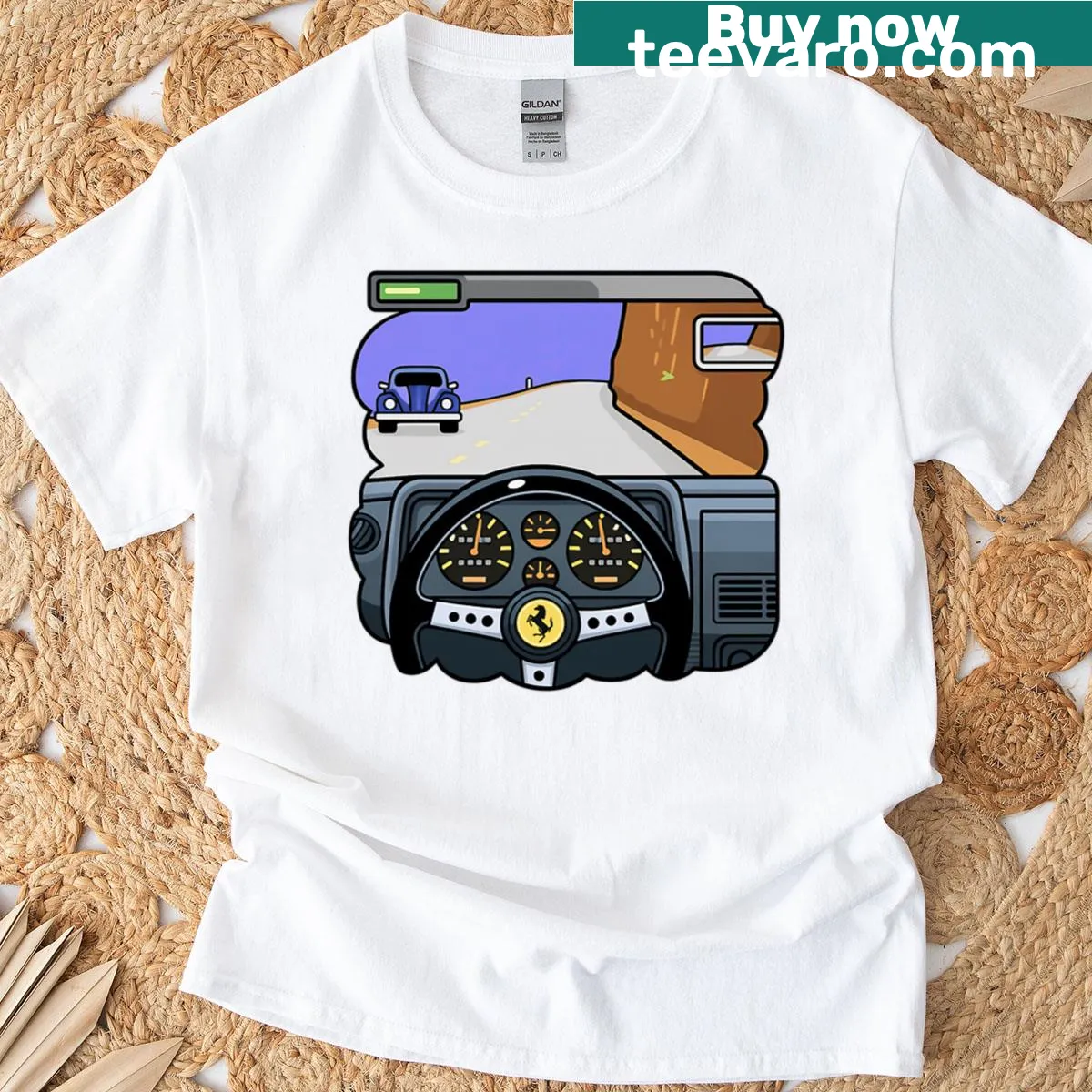 T-shirt featuring retro artwork from Test Drive racing game — on a men's t-shirt