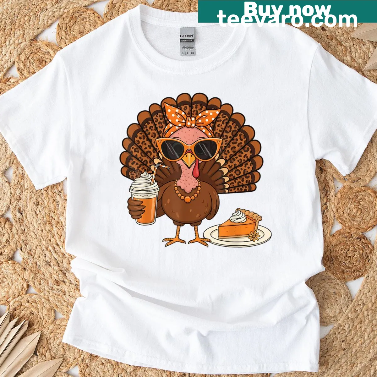 T-shirt depicting a turkey drinking coffee with leopard print — on a men's t-shirt