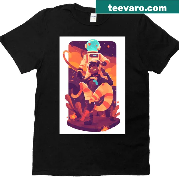 Cosmic illustration featuring a woman and a retro dinosaur on a T-shirt.