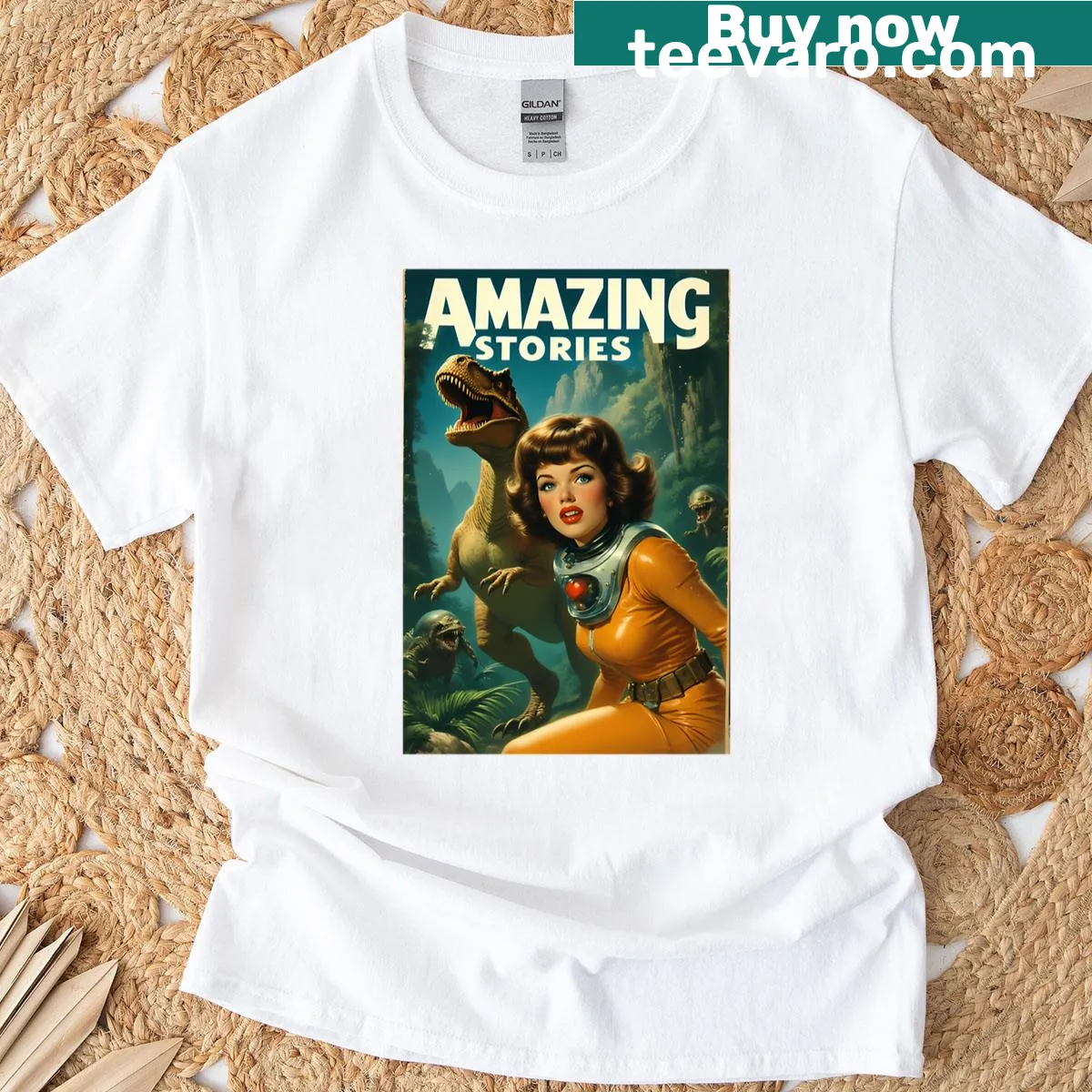 Cosmic woman with a dinosaur illustration on a whimsical t-shirt — on a men's t-shirt