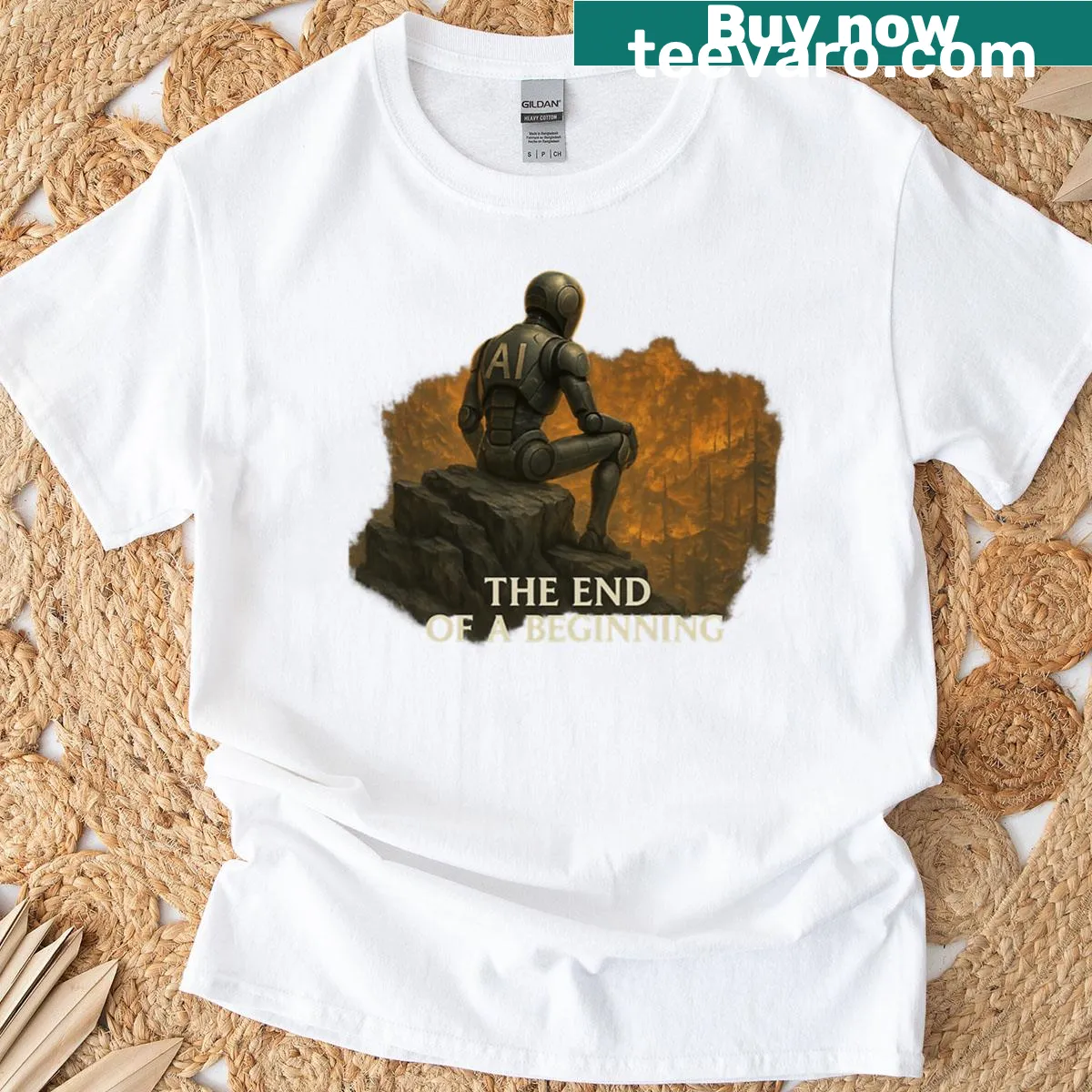 Futuristic AI robot artwork on a t-shirt — on a men's t-shirt