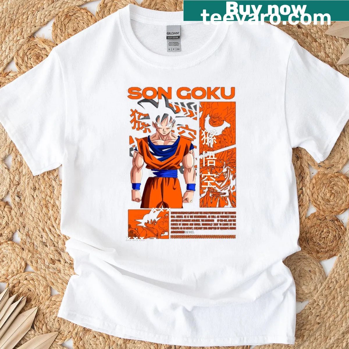 Illustrated t-shirt featuring a legendary fighter with spiky hair — on a men's t-shirt