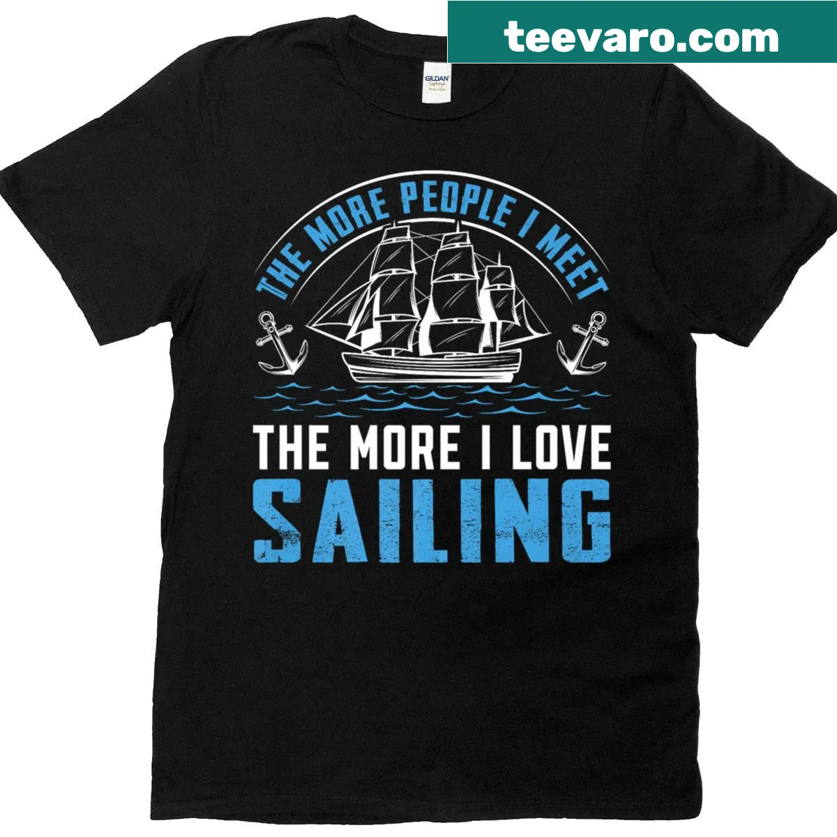 Typography T-shirt with the phrase about sailing and community — on a men's t-shirt