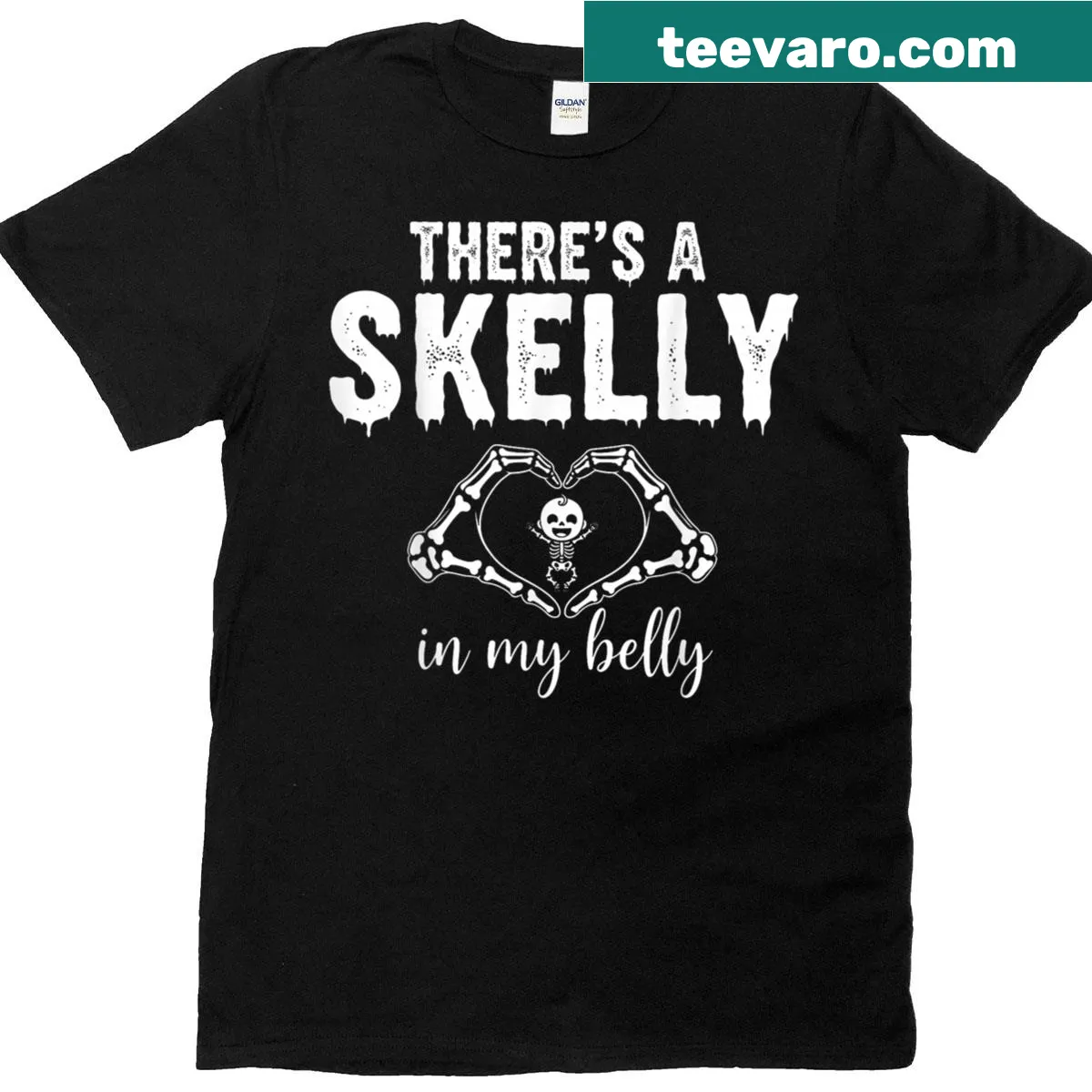 Humorous baby announcement design with the phrase 'There's A Skelly In My Belly'. — on a men's t-shirt
