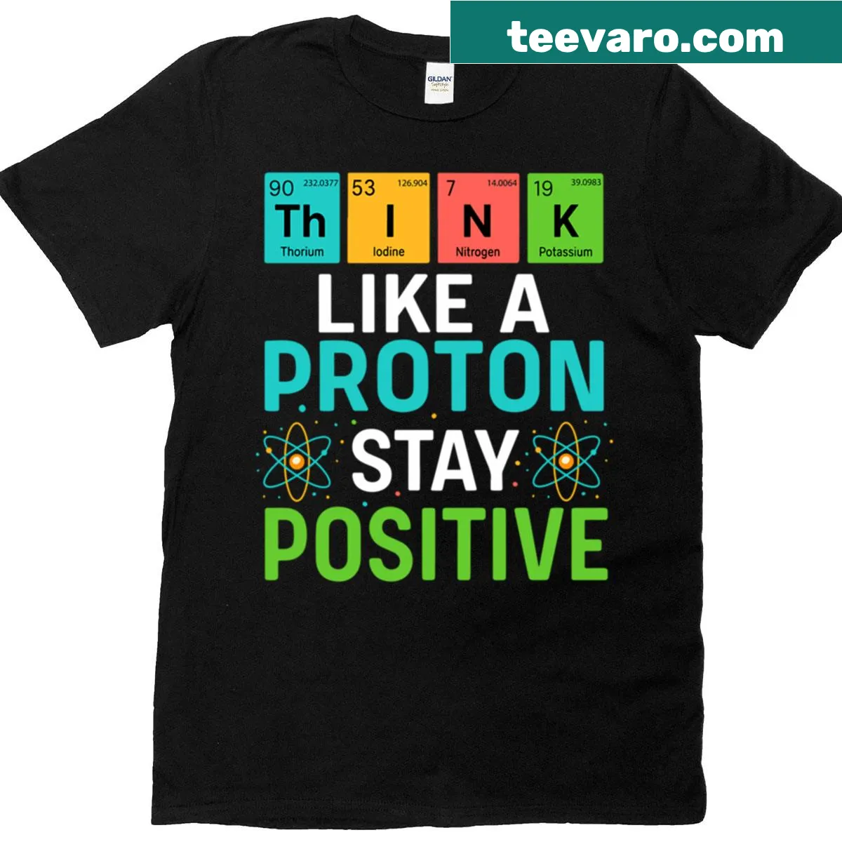 Funny science T-shirt with text about protons and positivity. — on a men's t-shirt
