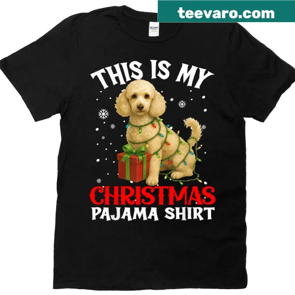 Christmas-themed T-shirt featuring a poodle and festive elements.