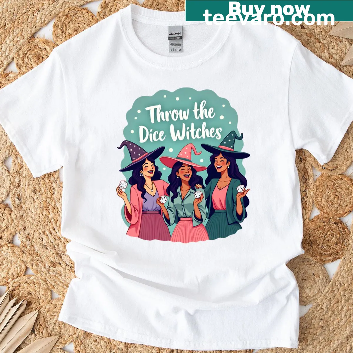 Halloween themed oversized T-shirt with witches and dice design — on a men's t-shirt