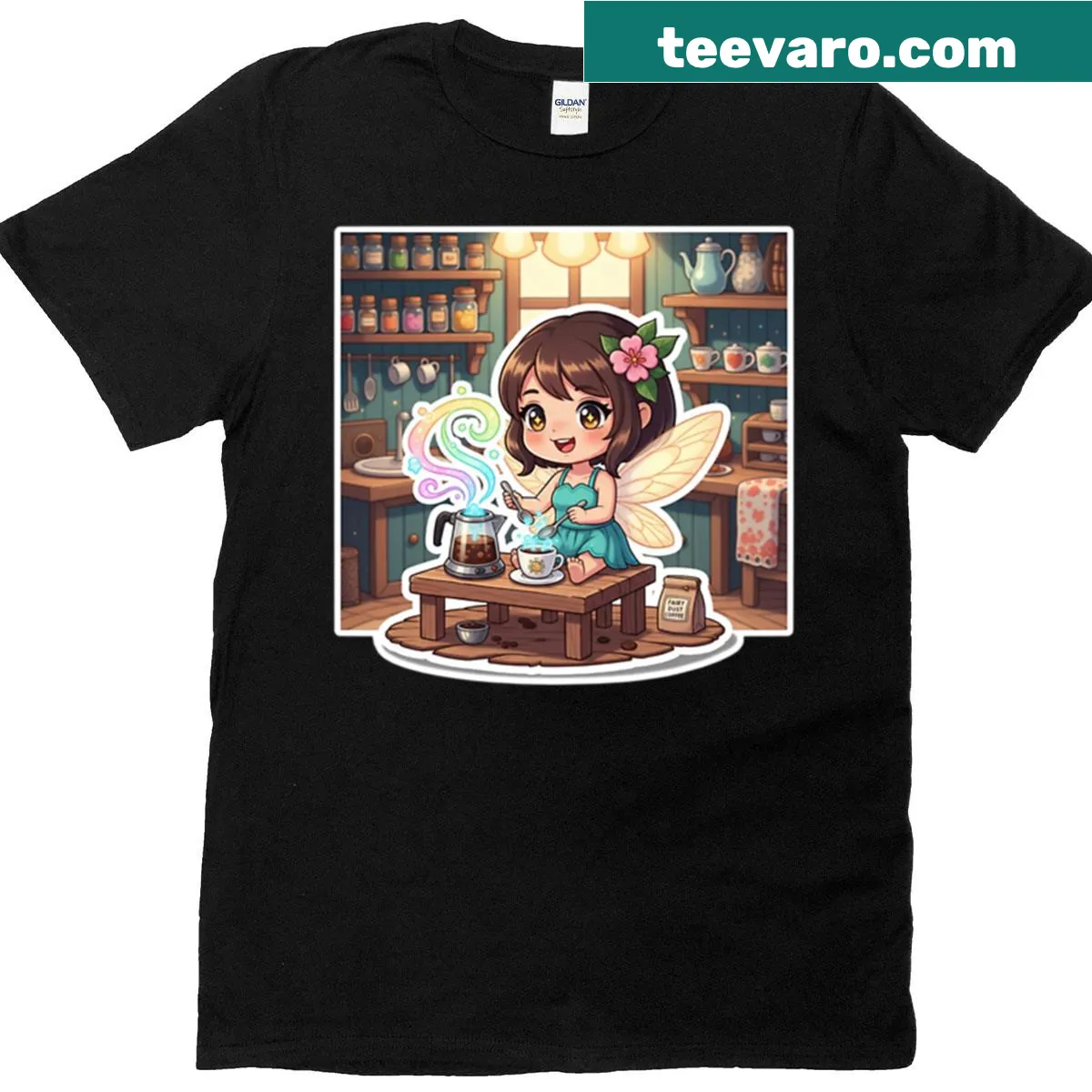 Chibi fairy brewing coffee at a tiny table on a whimsical T-shirt. — on a men's t-shirt