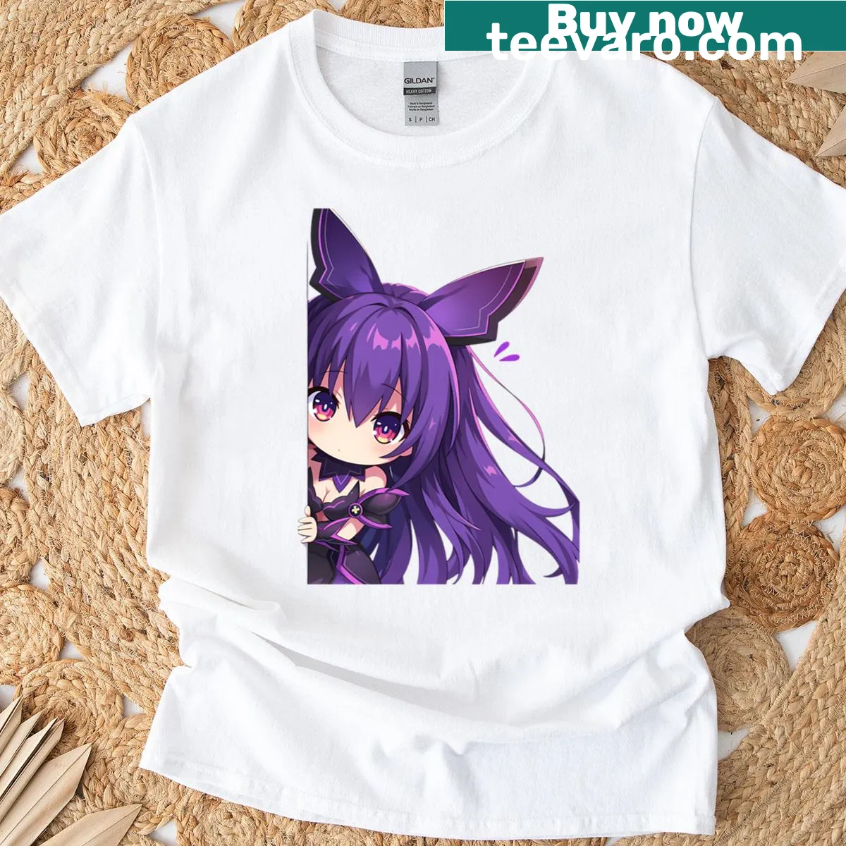 Chibi Tohka Yatogami peeking graphic T-shirt for anime fans — on a men's t-shirt