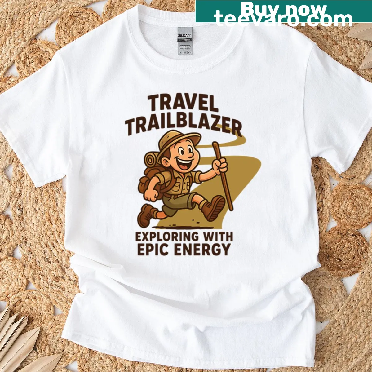 Illustrated travel-themed T-shirt with scenic detour quote — on a men's t-shirt