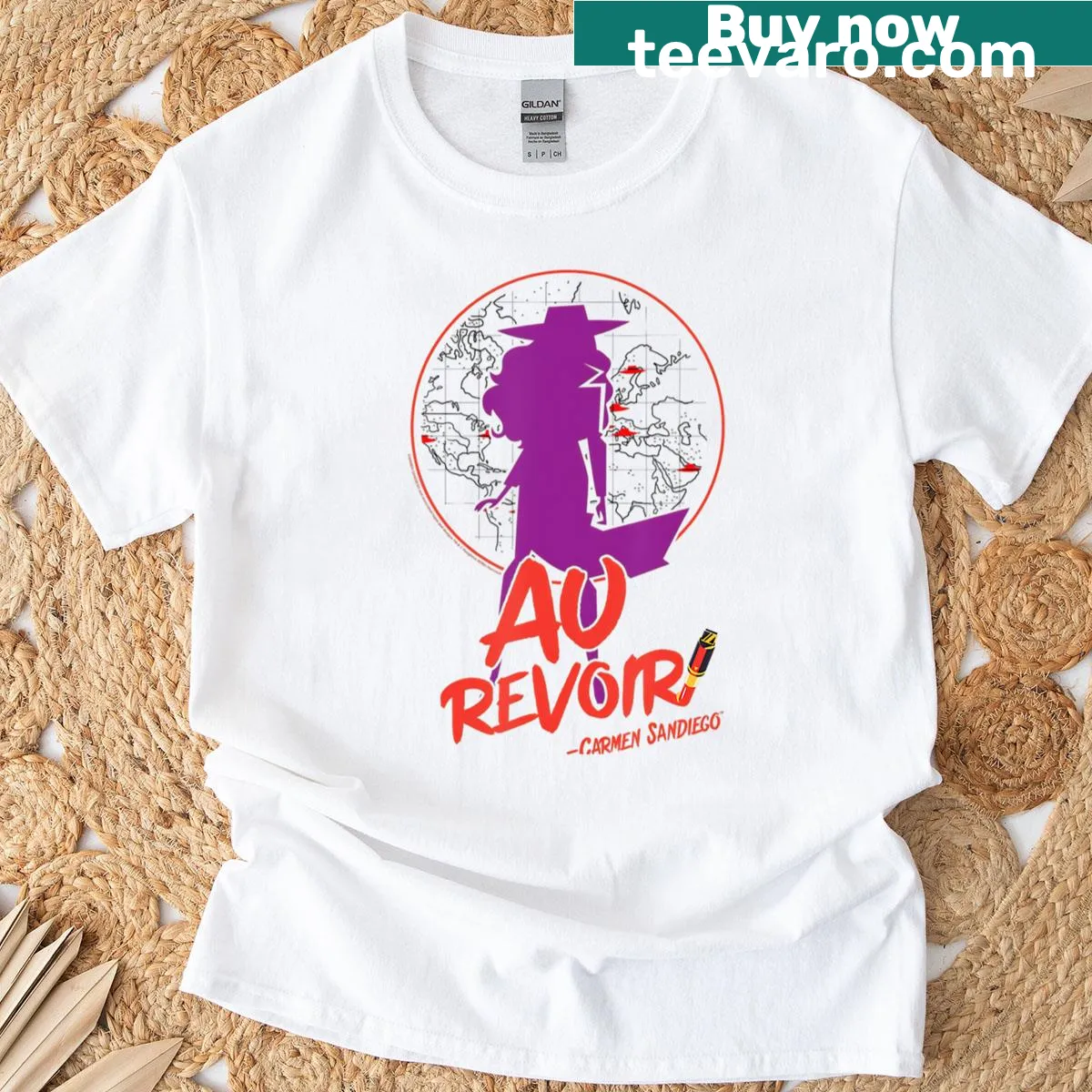 Illustrative detective-themed T-shirt with trench coat and hat design — on a men's t-shirt