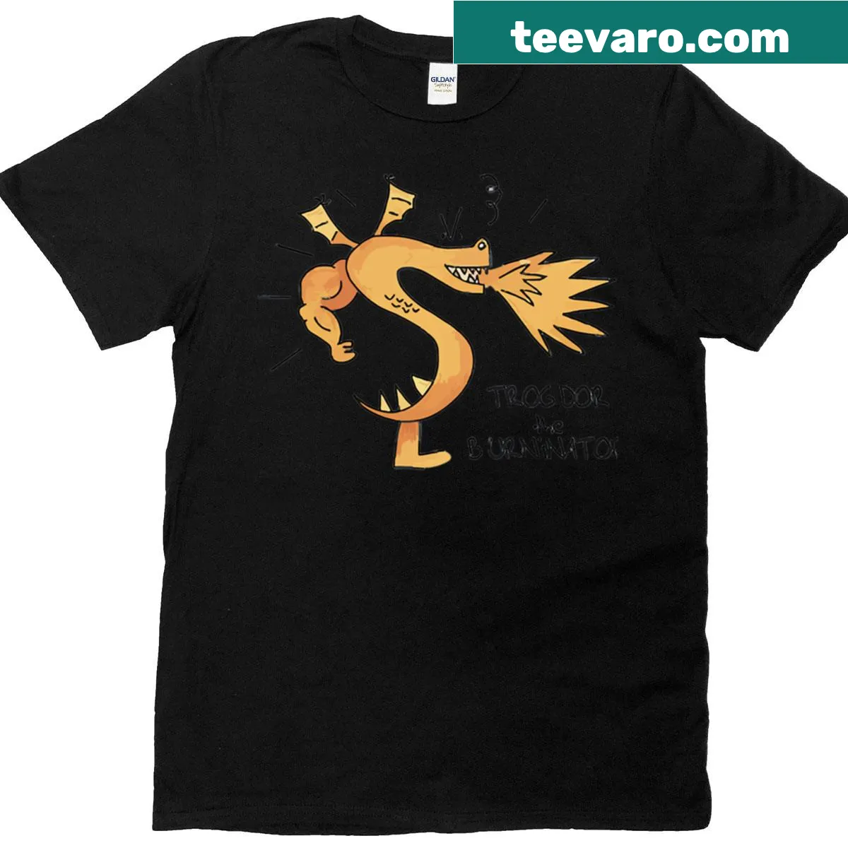 Trogdor the Burninator dragon design T-shirt — on a men's t-shirt