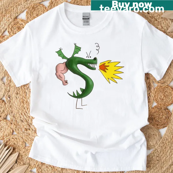Cartoon Trogdor the Burninator dragon t-shirt with muscular arm