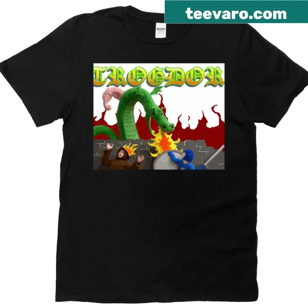 Pixelated Trogdor the Burninator dragon graphic t-shirt in retro style