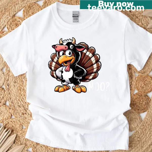 Funny Thanksgiving T-shirt with a cow dressed as a turkey