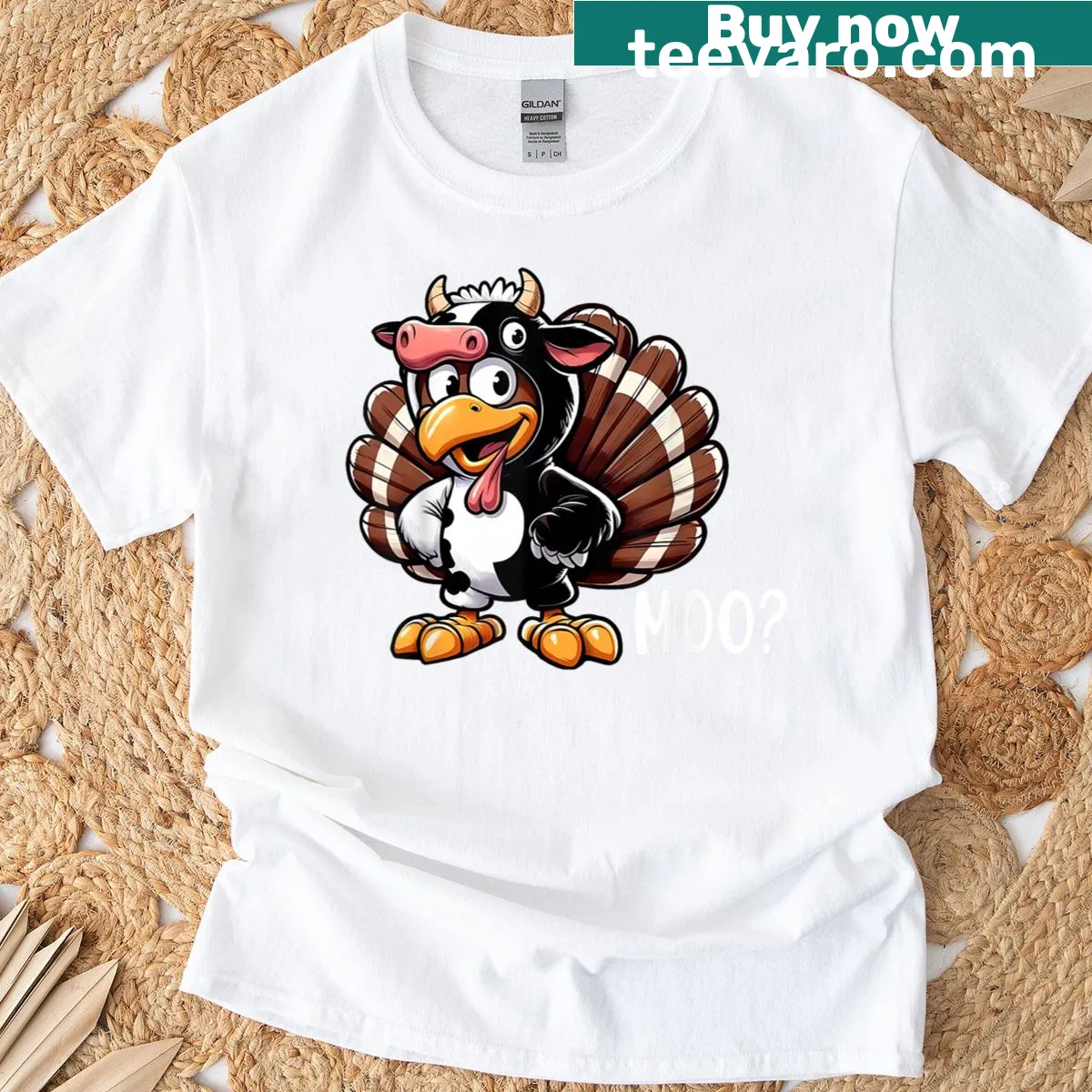 Funny Thanksgiving T-shirt with a cow dressed as a turkey — on a men's t-shirt