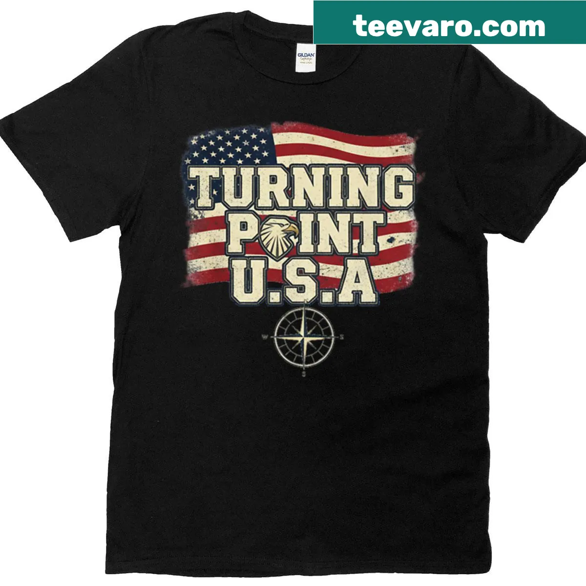 Patriotic t-shirt featuring 'Turning Point USA' text — on a men's t-shirt