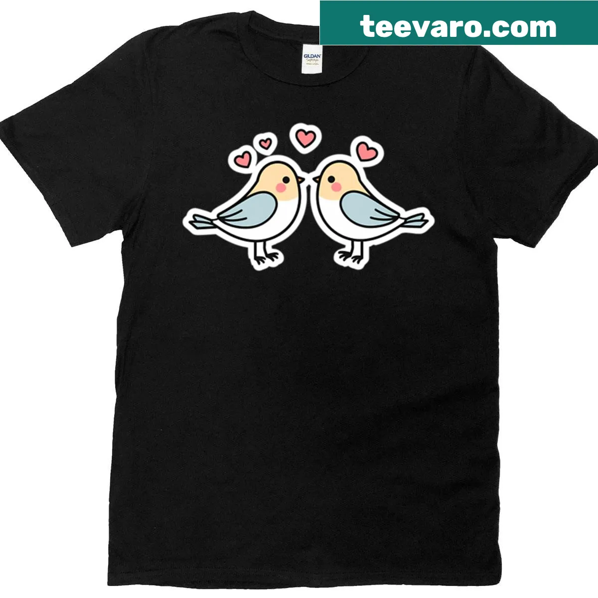 Cute T-shirt featuring two birds with hearts overhead in an illustration. — on a men's t-shirt