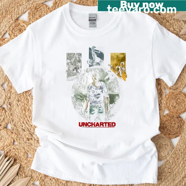 Graphic T-shirt featuring characters from the Uncharted video game series