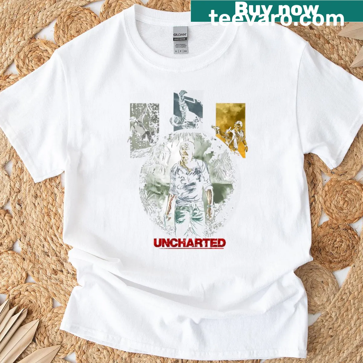Graphic T-shirt featuring characters from the Uncharted video game series — on a men's t-shirt