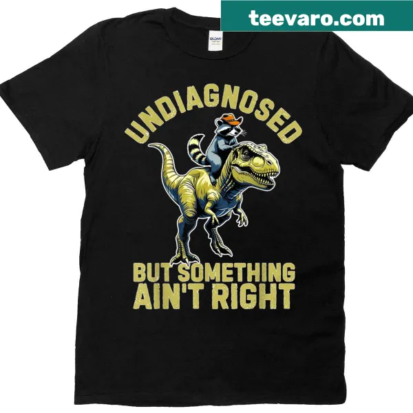Funny T-shirt with a cartoon raccoon and T-Rex design