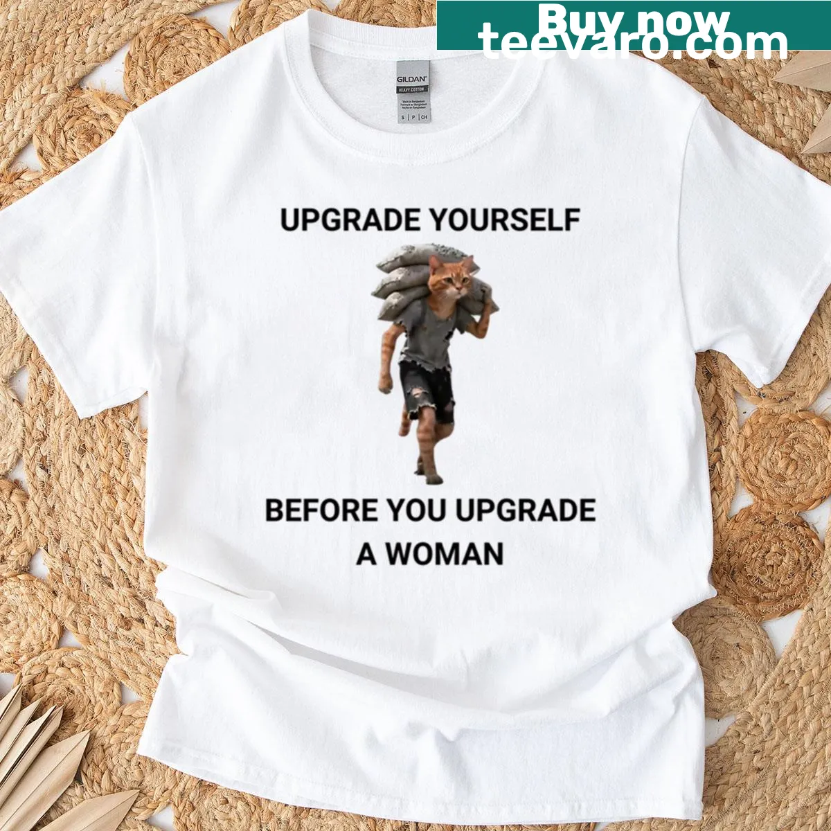 Funny cat-themed T-shirt with the phrase 'Upgrade Yourself Before You Upgrade A Woman' and a cat graphic — on a men's t-shirt
