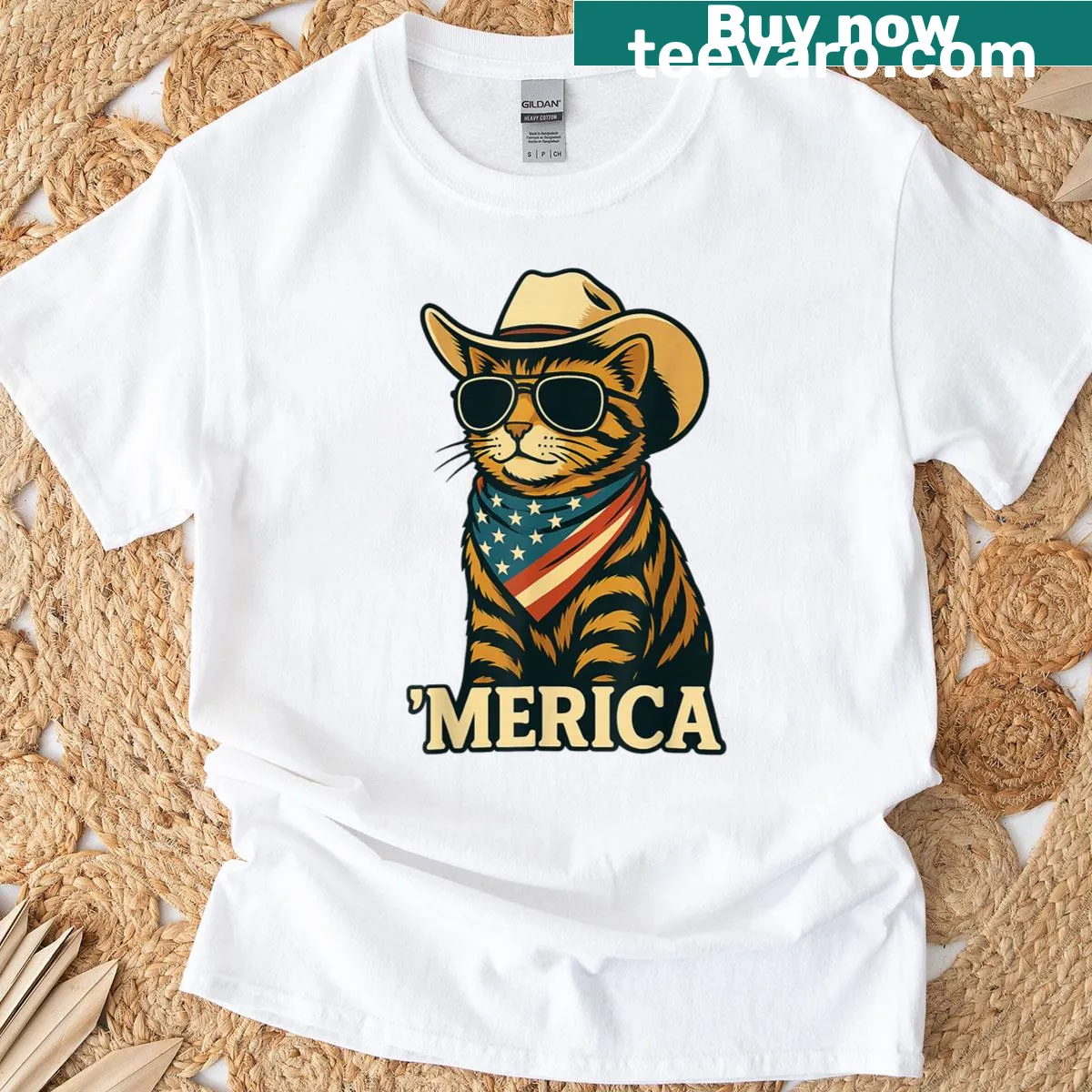 Funny Fourth of July T-shirt featuring patriotic cat graphic — on a men's t-shirt