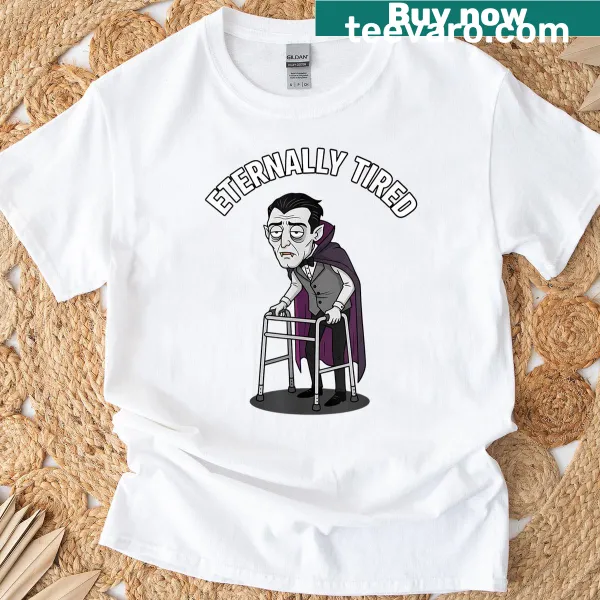 Funny Halloween T-shirt featuring a tired vampire graphic.