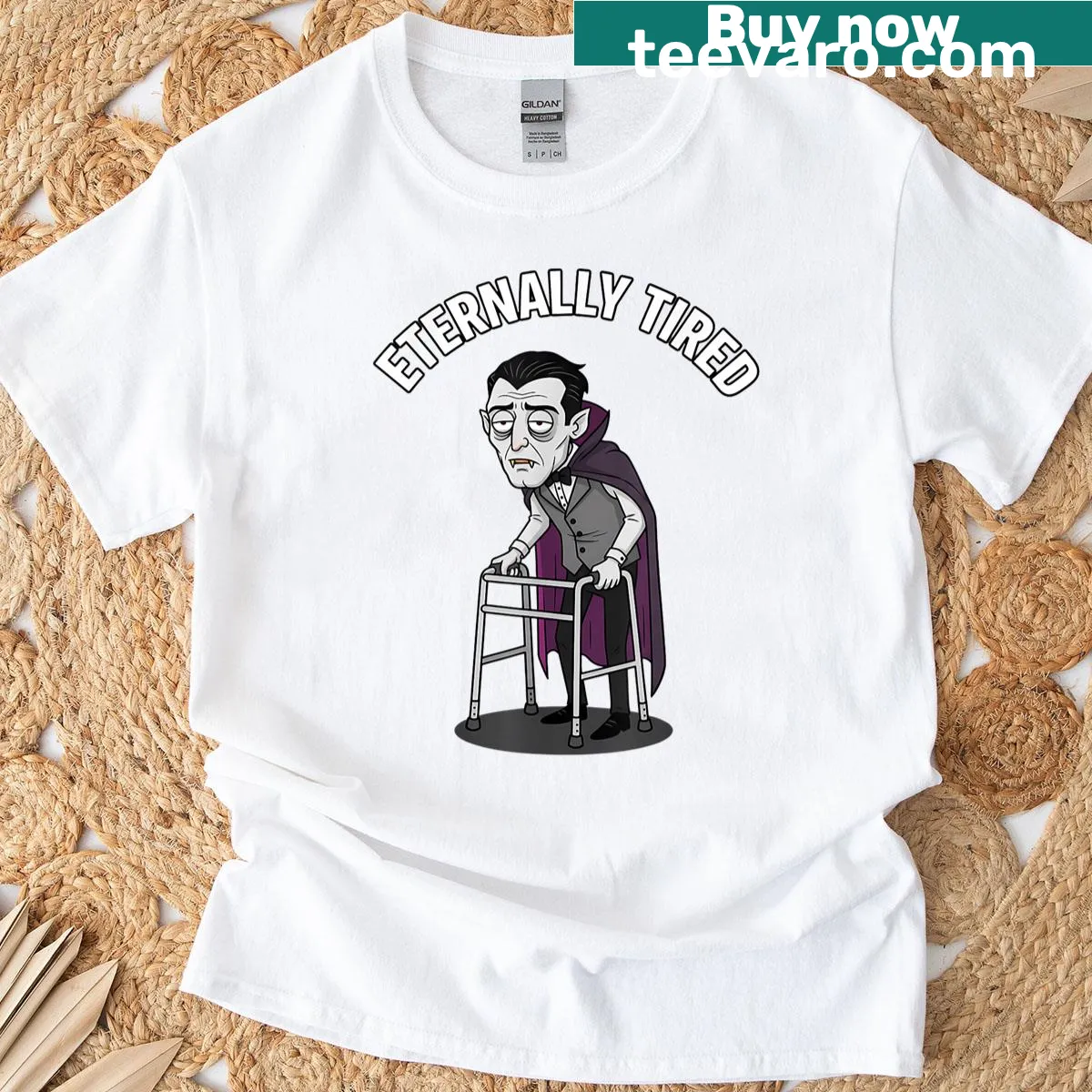 Funny Halloween T-shirt featuring a tired vampire graphic. — on a men's t-shirt
