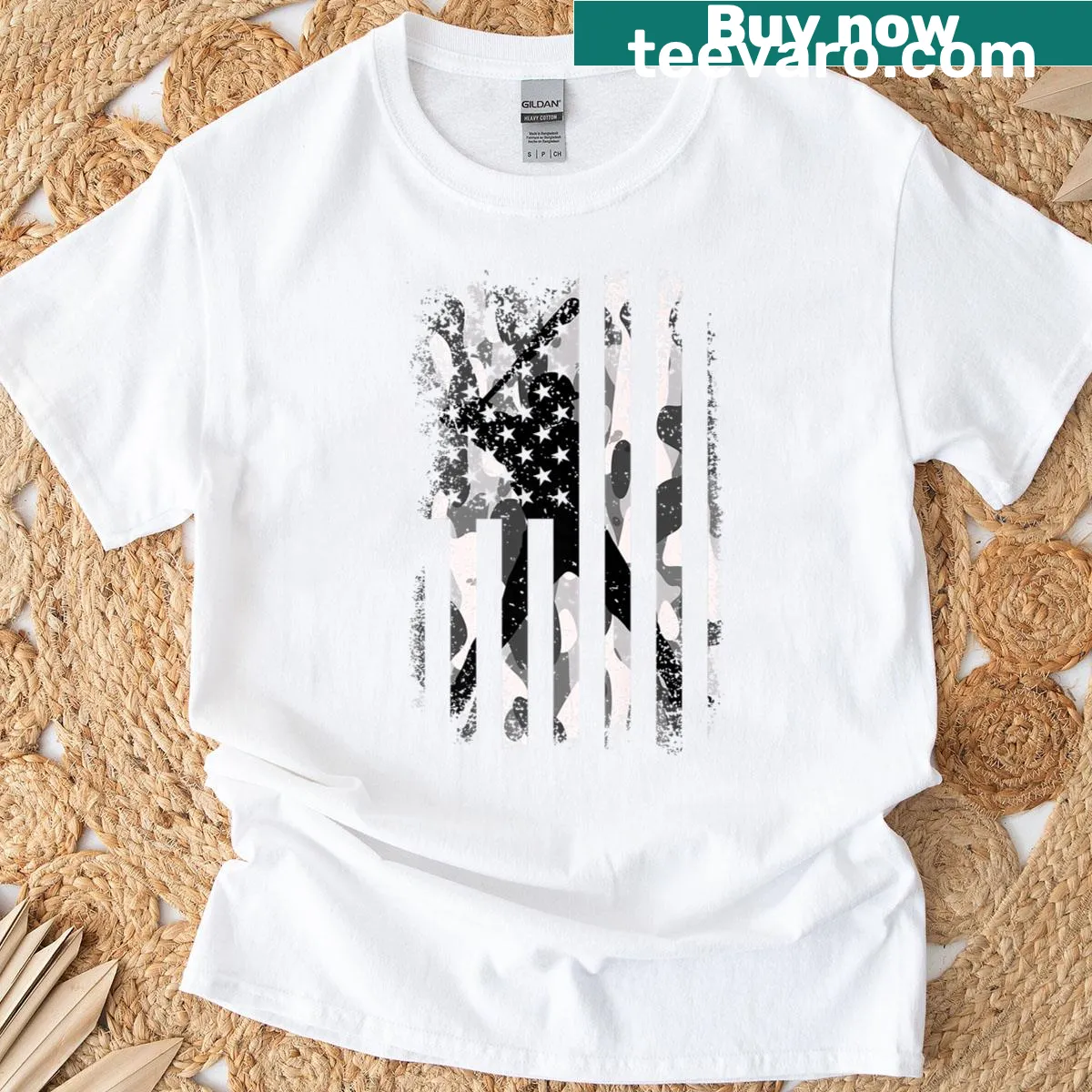 Vintage-style T-shirt with camouflage flag design suitable for baseball dads — on a men's t-shirt