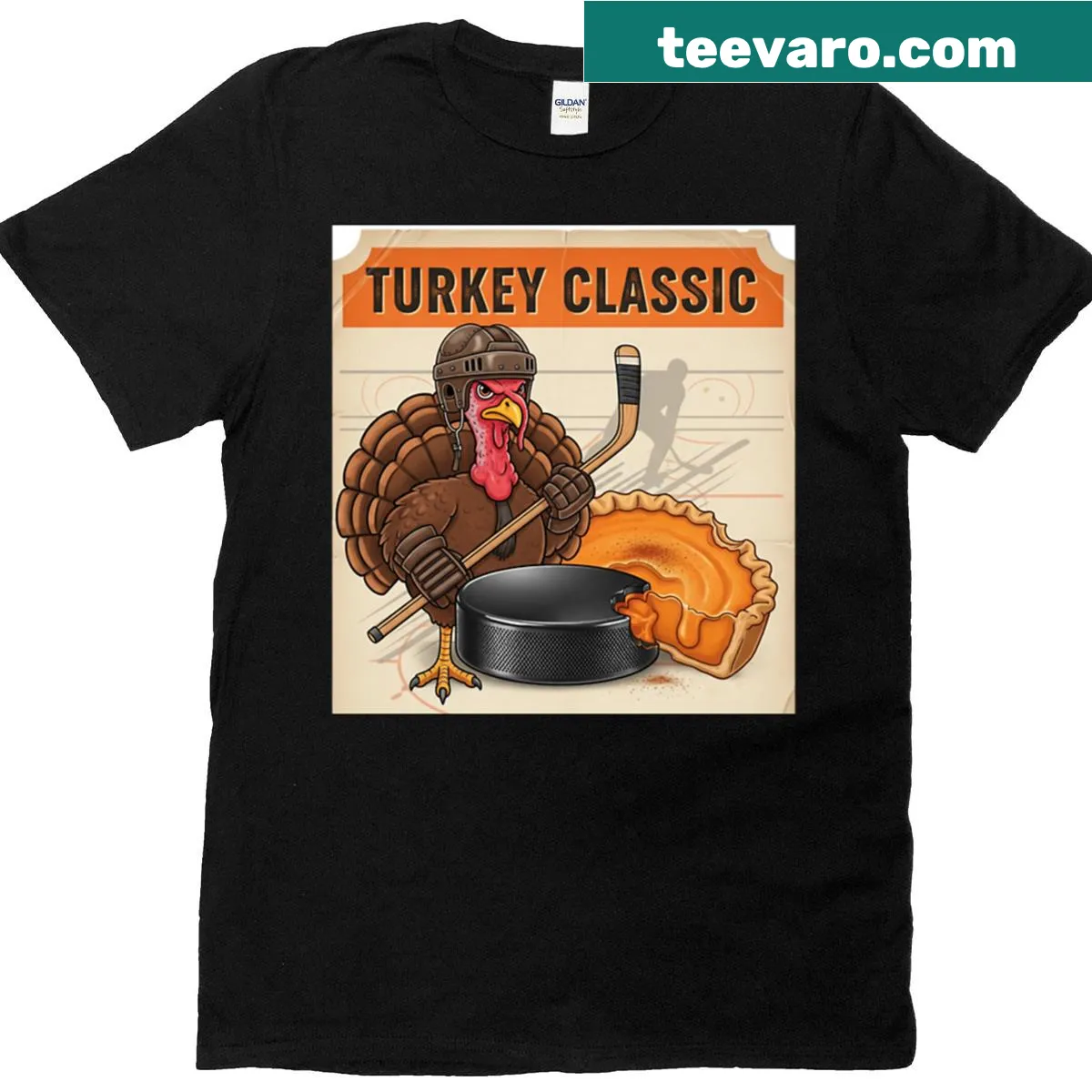 Vintage T-shirt featuring hockey graphics and Thanksgiving motifs — on a men's t-shirt