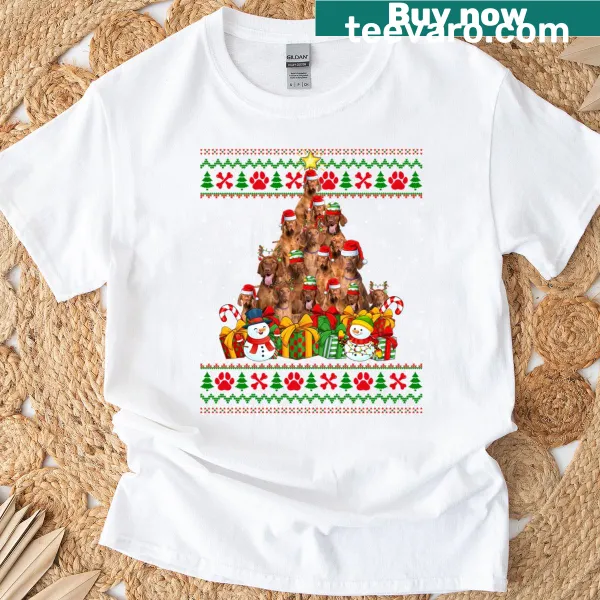 Funny Christmas T-shirt featuring a Vizsla dog and an ugly Christmas tree design.