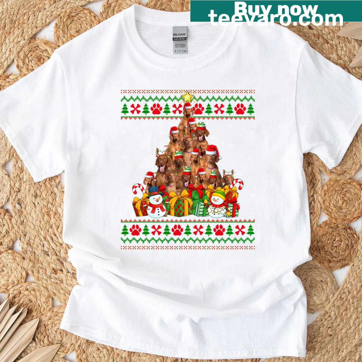 Funny Christmas T-shirt featuring a Vizsla dog and an ugly Christmas tree design. — on a men's t-shirt