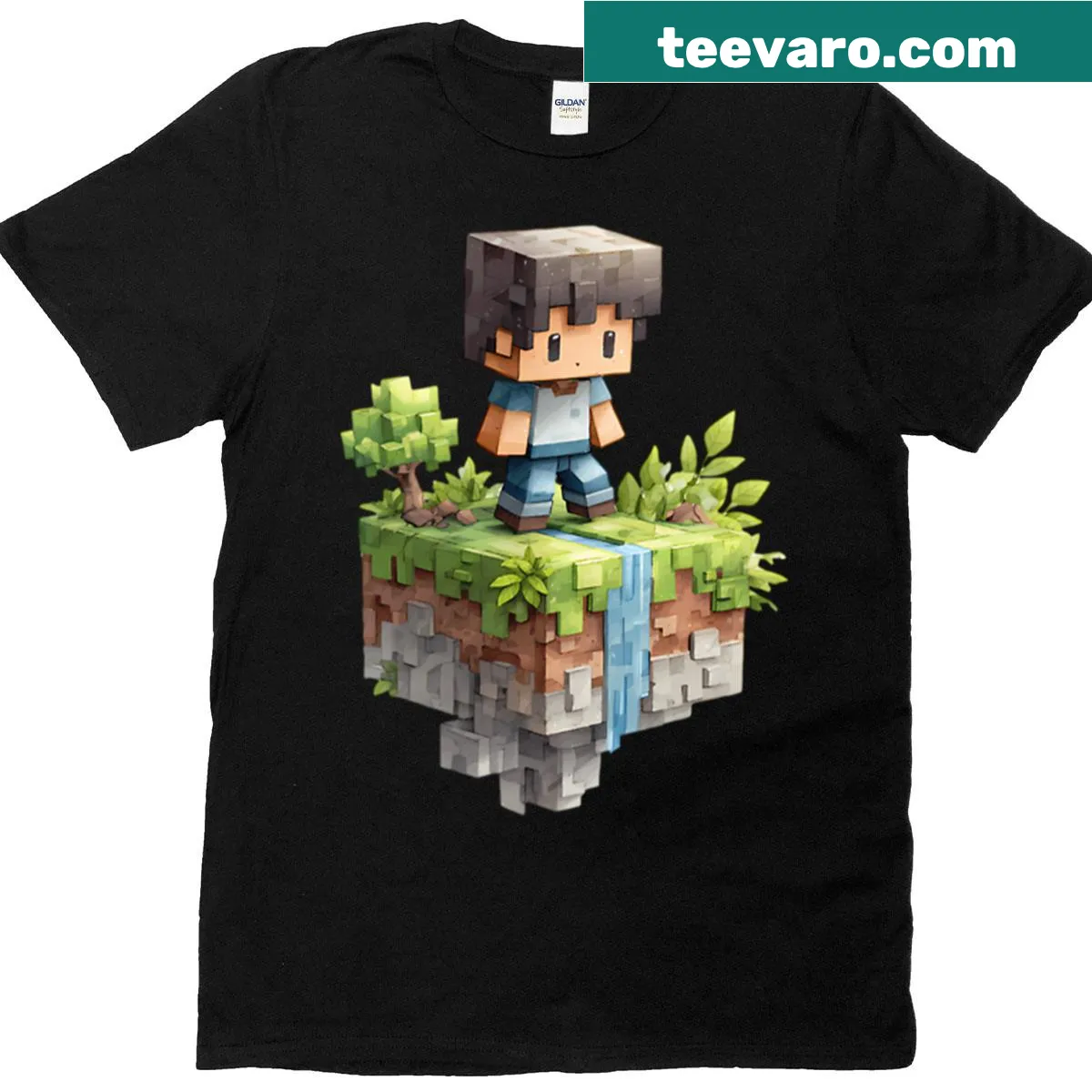 Playful T-shirt featuring a voxel explorer on a floating island. — on a men's t-shirt