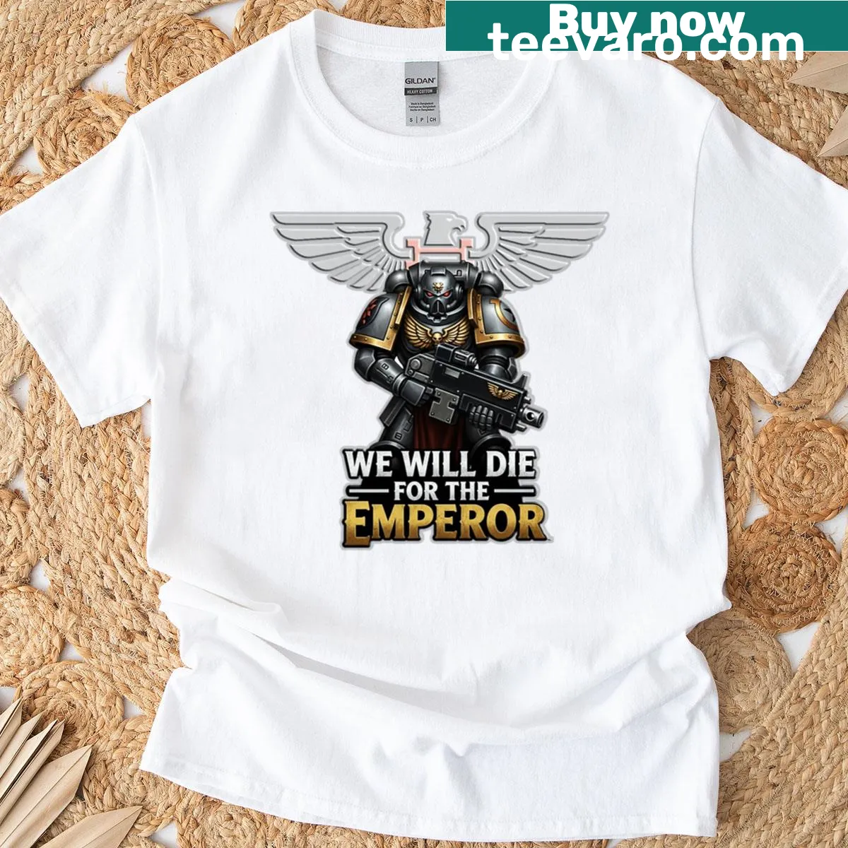 Warhammer 40k T-shirt featuring iconic game imagery — on a men's t-shirt