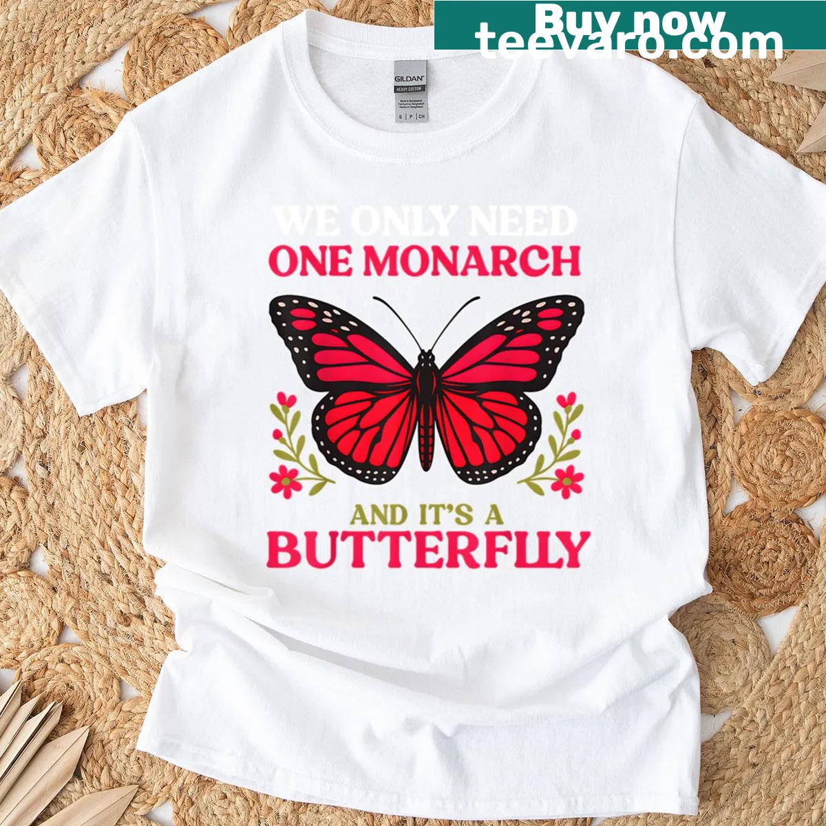 T-shirt featuring an illustration of a monarch butterfly — on a men's t-shirt