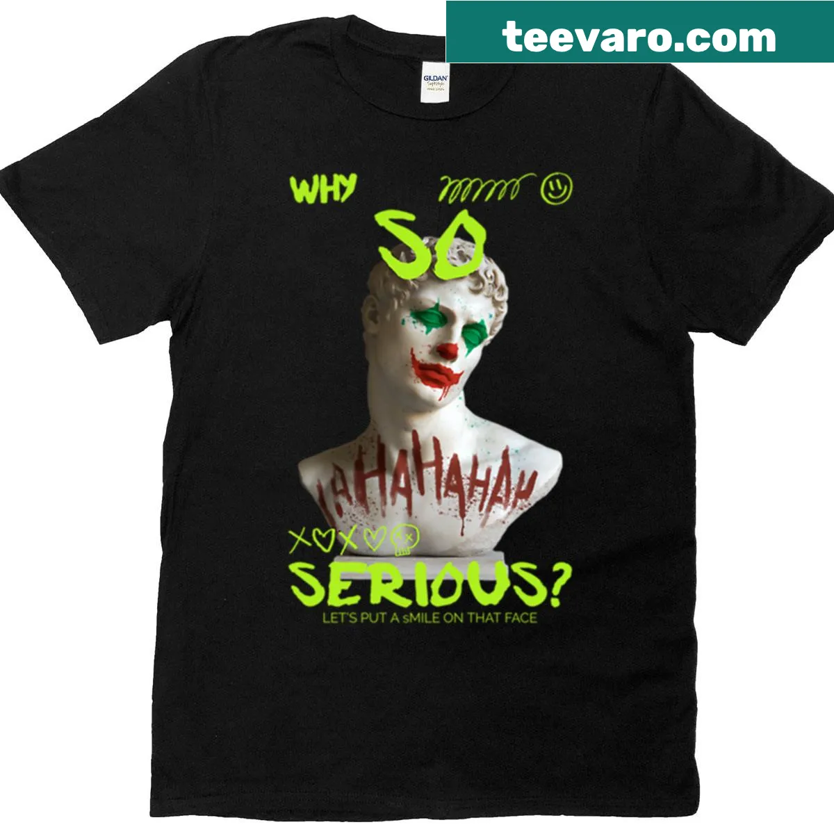 Joker-themed t-shirt with 'Why So Serious?' text in a quirky font — on a men's t-shirt