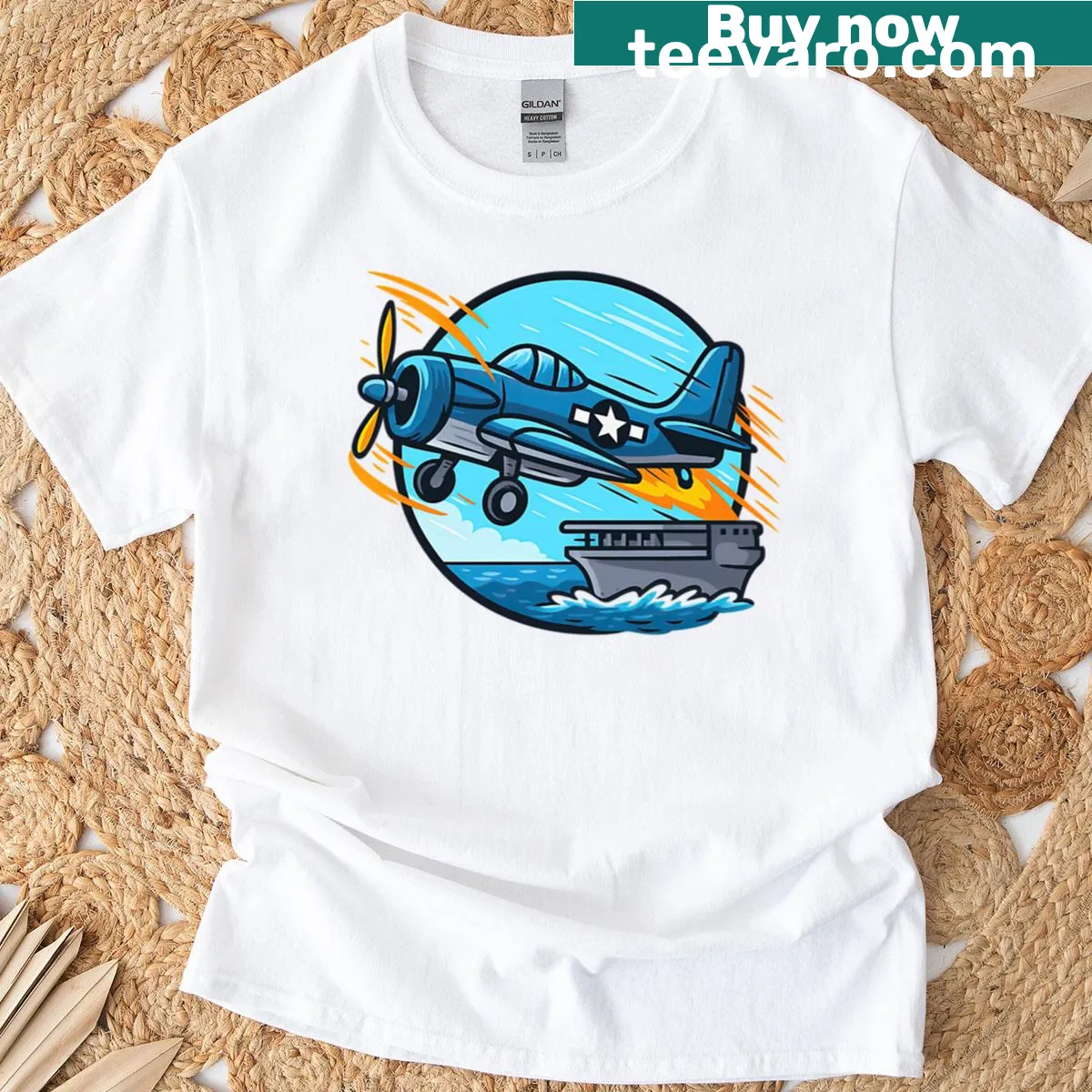 Retro gaming T-shirt with 'Wings Of Fury' featuring airplanes and aircraft carriers. — on a men's t-shirt