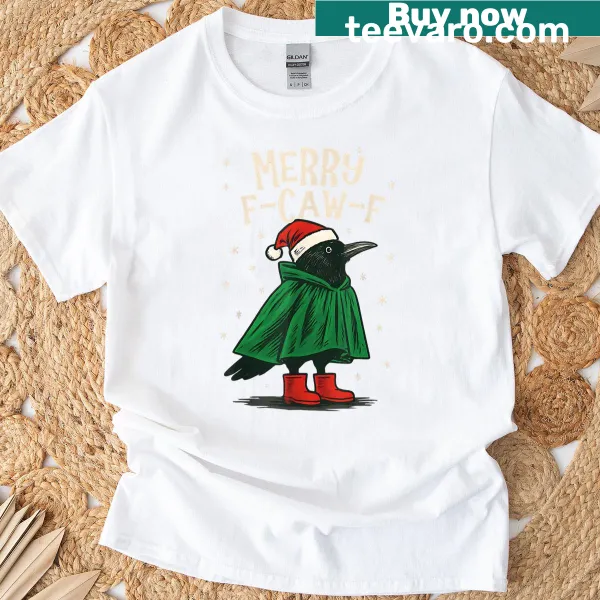 Funny Christmas T-shirt featuring a black crow and humorous text