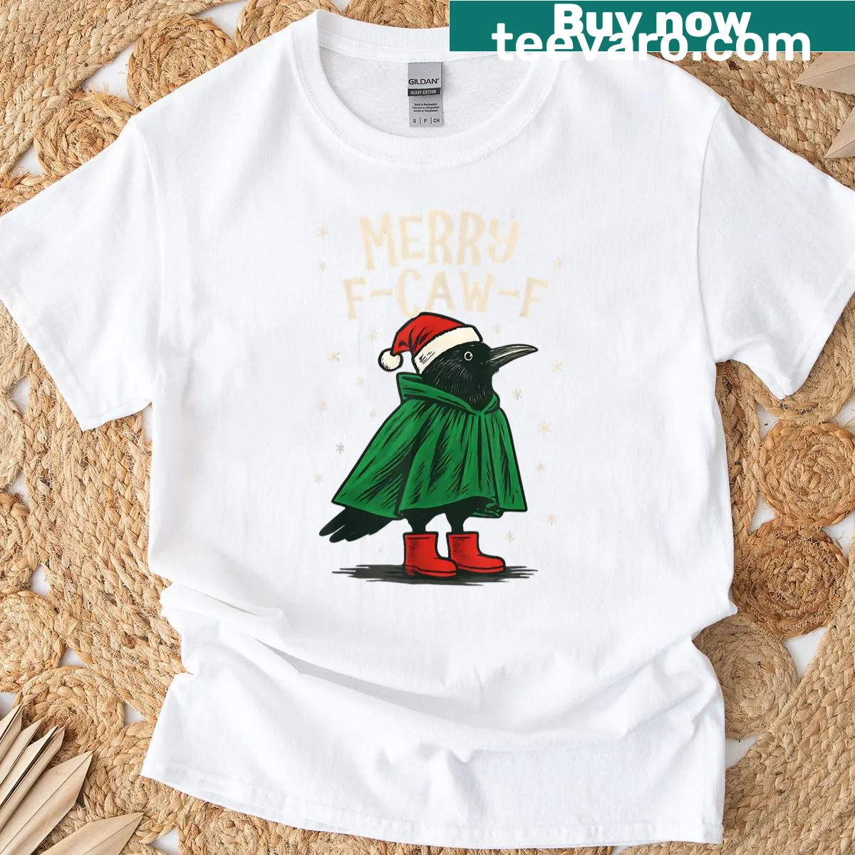 Funny Christmas T-shirt featuring a black crow and humorous text — on a men's t-shirt