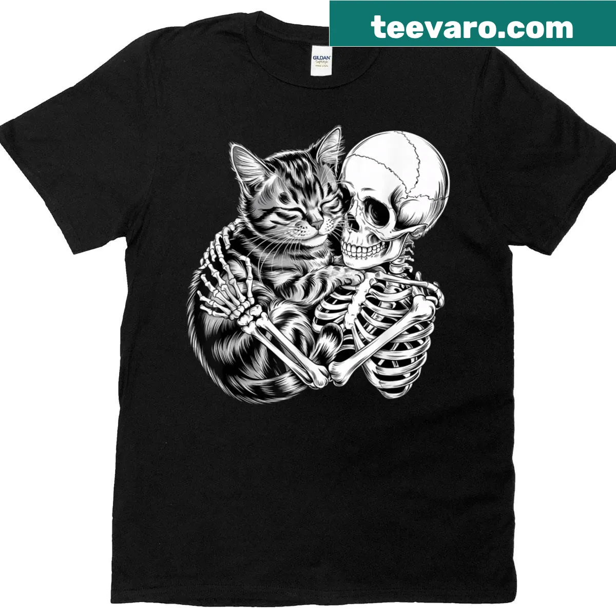 Cute Halloween t-shirt with a cat skeleton hugging a cat for kids. — on a men's t-shirt